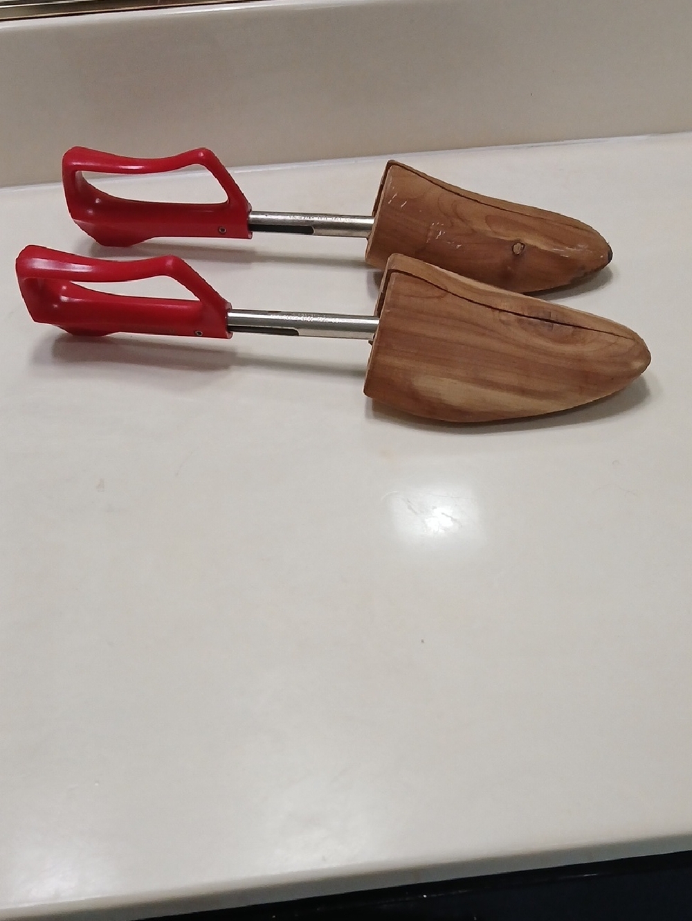 Wooden Shoe Trees with Red Plastic Handles